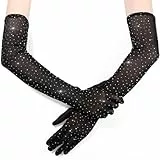 Yolev Hochzeit Strass Handschuhe Damen Ellenbogenlänge Braut Fingerhandschuhe Schwarz Netzhandschuhe mit Strasssteinen Durchsichtig 1920er Tüll Handschuhe für Brautpartys Karneval Halloween