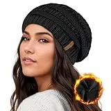 Mütze Damen Winter - Beanie Mit Weich Fleece Gefüttert, Strickmütze Warm, Outdoor Schwarz, 55-60cm