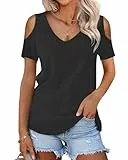 WNEEDU Tshirt Damen Sommer V Ausschnitt Schulterfrei Oberteil Kurzarm Tops Elegant Tunika Bluse Mit Lockeren Passform Leicht Und Luftig Schwarz 2XL