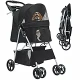 YITAHOME Hundewagen Haustiere Buggy bis 15kg, Hundebuggy mit Netzfenstern & Getränkehalter & Ablagekorb, Katzenbuggy für Hunde Katzen (Schwarz)