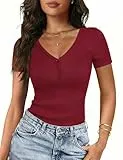 Gyabnw Elegant Damen T Shirt V Ausschnitt Kurzarm Henley Knopfleiste Slim Fit Stretch bequemes Sommer Top vielseitiges Oberteil