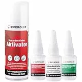 Everglue Sparset Sekundenkleber lange Haltbarkeit dünn + mittel + dick à 20g + Aktivator 200ml - Industriekleber extra stark für universelle Reparatur und Instandsetzung in Hobby Beruf und Haushalt