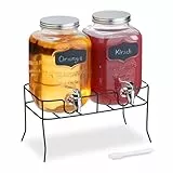 Relaxdays Getränkespender mit Ständer, 2er Set, Limobehälter 4L, Zapfhahn und Deckel, Wasserspender, Glas, transparent