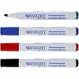 Westcott Permanent Marker Schwarz, Rot, Blau, Grün | 4er Set wasserfeste Marker Stifte | 1,5-3,0 mm Rundspitze | Nachfüllbar, lichtbeständig, schnell trocknend, wischfest | E-713009 00