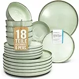 Steingut Geschirrset 6 Personen Rustic 18 tlg. TESTSIEGER, Hochwertiges Landhaussttil Steingut Geschirr Set, Schüssel- und Teller Set, Tafelservice 6 Personen, Geschirrsets Pure Living in Mintgrün