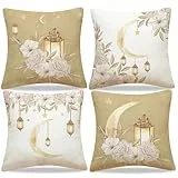 Ramadan Deko Kissenbezug für Home Decor, Ramazan Zierkissenbezug 4er Set, 45 x 45cm Mond Kissenbezüge für Ramadan Dekoration, Kissenhülle Dekokissenbezuge für Wohnzimmer Sofa Heimdekoration (A)