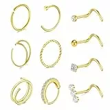 WillTen 10Pcs Nasenpiercing Ring Gold Korkenzieher Stecker, 20G Ring Dünn Korkenzieher Nasenstecker Schmuck Chirurgenstahl für Frauen
