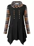Amrto Blusen Tunika Damen Turtleneck Longpullover mit Asymmetrischem Saum Langarm Shirts Lange Oversize Patchwork Pullover Sweatshirts mit Taschen Große Größen, Schwarz & Khaki Kariert L