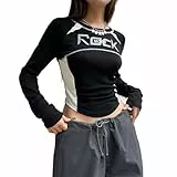 Frauen Y2K Vintage Printed Crop Top Grunge Cute Long Sleeve Tee Streetwear (5-Black, M)