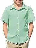 Haloumoning Jungen Hemd Sommer Kurzarm Shirt Kinder Einfarbig Freizeit Hemden Casual Basic Knopfleiste Oberteile Bügelleicht 5-14 Jahre, Mintgrün, 11-12 Jahre