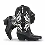 Hawkwell Damen Westernstiefel | Cowboystiefel mit Stickereien & Nähten, Schlupfdesign, Wadenlang, Spitze Zehen, Blockabsatz, schwarzes PU, EU 38