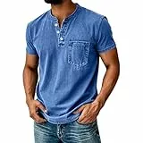Herren Henley Shirt Kurzarm Männer 2026 Freizeit Vintage Slim Fit Leichtes Sommer T-Shirt mit Tasche Blau XL