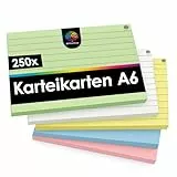 OfficeTree 250x Karteikarten A6 liniert - 5 Farben - Lernkarten für Schule & Studium - Karteikarten A6 Bunt perfekt für Notizen Studium Organisation - Lernkarteikarten - Flashcards