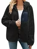 Tuopuda Teddyfell Jacke Damen Herbstjacke Fleecejacke Warme Fleecemantel Damen Kapuzenpullover Zipper Hoodie Plüschjacke mit Taschen (Schwarz,M)