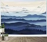 LB Wandteppich Abstrakter Berg Wandtuch Wald und Nebel Wandbehang Blau Schwarz Boho Geometrisch Tapisserie für Wohnzimmer Schlafzimmer Wohnheim Wanddeko,150x130cm