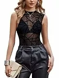 Avidlove Damen Body Sexy Bodysuit Elegant Mesh Top Ärmellos Spitzen Rollkragen Oberteil Rave Festival Outfit Party Club Tops Teddy One Piece Dessous Geometrisches Schwarz S