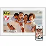 Frameo 15,6 Zoll Digitaler Bilderrahmen WiFi mit 32 GB, Full HD IPS Touchscreen (1920x1080), Fernversand von Fotos & Videos per FRAMEO App, Wandmontage, Weiß Eltern & Großeltern