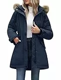 CMTOP Winterjacke Damen Mittellanger Dicker Warm Parka Wasserdicht Winddicht Wintermantel Kuschel Casual Kordelzug Mäntel Baumwollgefüllte Outdoorjacke mit Abnehmbarer Kapuze(Marineblau, XXL)
