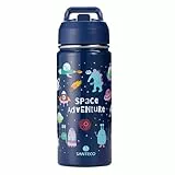 SANTECO Trinkflasche Kinder Edelstahl 500ml mit Strohhalm, Kinder Thermosflasche BPA-frei Wasserflasche Einfach zu Säubern, Thermoskanne Jungen Mädchen für Kindergarten Schule - Alien