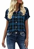 GeGekoko Damen Kariert Bluse Kurzarm Oberteile Casual Lose V-Ausschnitt Hemdbluse zum Knöpfen Summer Tunika T-Shirt Tops