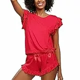 DKaren Damen Schlafanzug Set Lulu XXL - Zweiteiler Damen Pyjama - Loungewear mit Kurzen Ärmeln und Shorts - Nachtwäsche Damen mit Tasche und Rüschen - Pjama Set Kurz Rot
