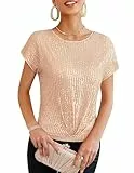 GRACE KARIN Damen Glitter Party Oberteil Elegant Rundhals Pailletten Shirt Cocktail Bluse Sommer Kurzarm Top Roségold L