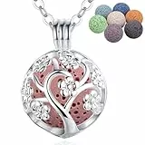 INFUSEU Aromatherapie Aroma Diffuser Kette, Sakura Tree Versilbert Frauen Duftstein Halskette Klassischen Anhänger Meditations Kette Stimmungskette Lavastein Diffuser Frauen Schmuck