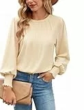 Gyabnw Damen Pullover Herbst Basic Oberteil Puffärmel Plissee Rundhals Top für Herbst Aprikose,S