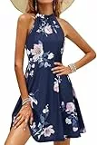 OUGES Sommerkleid Damen Knielang Neckholder Kleid Sommer Blumenmuster Elegant Cocktailkleid(Floral12,L)