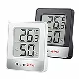 ThermoPro TP49 digitales Mini Thermo-Hygrometer 2er Set Innen Thermometer Hygrometer Temperatur und Luftfeuchtigkeitmessgerät mit Raumklima-Indikator für Raumklimakontrolle, Schwarz+Weiß