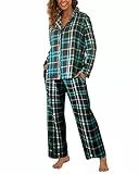Famulily Pyjamas Set Damen Langarm Nachtwäsche Button Down Nachtwäsche Bequeme Karierte Lounge Sets Grün M
