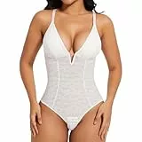 Joyshaper Shapewear Damen Body Spitze Bauchweg Formende Body Shaper V-Ausschnitt Shaping Bodysuit Miederbody Weiß,XL
