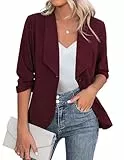 Zeagoo Blazer Damen Elegant Sportlich 3/4 Arm Business Jacke Offene Front Arbeit Büro Jacke Blazer Weinrot L