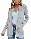 Fessceruna Damen Langarm Strickjacke Vorne Offen Cardigans Leicht Gestrickt Jacke mit Taschen,Grau,S