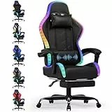 Devoko LED Gaming Stuhl, Cool und Augenschonendes. Ergonomischer Bürostuhl mit Massagefunktion, Teleskop-Fußstütze, Verstellbarem Rückenlehnen von 90-135°,Gamer Stuhl 150 kg belastbarkeit, Schwarz