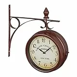 Relaxdays Bahnhofsuhr doppelseitig, New York, Retro, Batterie, analog, Wanduhr Vintage Deko, HBT 34 x 35 x 10 cm, braun