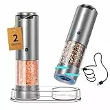 CIRCLE JOY Wiederaufladbares Elektrisches Salz und Pfeffermühlen Set mit Sockel, Gewürzmühlen Edelstahl mit 95ml Behälter, Weißem LED-Licht, Extern Einstellbare Rauheit und 2 Schleifgeschwindigkeiten