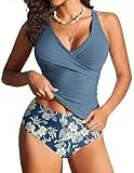 AI'MAGE Badeanzug Damen Bauchweg Tankini Set High Waist Push Up Zweiteilig, Mittelblau, M