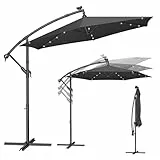 SONGMICS Sonnenschirm mit LED-Solar-Beleuchtung, Ampelschirm 300 cm d, 32 LED-Lämpchen, mit Ständer, Sonnenschutz Balkon, Balkonschirm, UPF 50+, mit Kurbel, Terrasse, Garten, grau GPU118G01