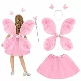 AYBUY Kostüm Schmetterling Kinder Mädchen, 4 Stück Rosa Netz-Tutu mit Schmetterlingsflügeln, Geeignet für Geburtstagsfeier, Cosplay, Mottoparty, Karneval, Halloween, Cosplay