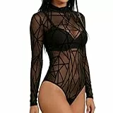 DASHUI Damen Body mit Snap Crotch, Langarm Mesh Top, Transparentes Rave Outfit für Club, Party & Streetwear