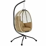 Outsunny Hängesessel mit Gestell, Faltbar Eiförmiger Hängeschaukel mit waschbarem Sitz, Becherhalter Sicherheitsseil, Hängematte Schaukelsessel Indoor Outdoor, Terrasse, Garten, Beige