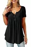 Bequemer Laden Damen Sommer Kurzarm Tshirt V-Ausschnitt Knopfleiste Bluse Lässig Locker Frühling Longshirt Elegant Einfarbig Blumen Tunika Oberteile Top Hemd, Schwarz, XL