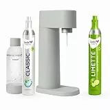 Sparpaket: Mysoda Woody - Wassersprudler aus erneuerbarem Holzkomposit mit 1L BPA-freier Plastikflasche, CO2-Zylinder Classic + CO2-Zylinder Limette (Grau)