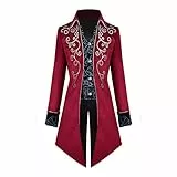 OBEEII Gothic Steampunk Frack Jacke, Herren Vintage Mittellanger Renaissance Viktorianischer Gehrock Smoking Halloween Karneval Kostüme Rot XL