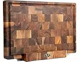 B4K® Küchenbrett 45x30x4cm mit Ständer aus Massivem Walnussholz Stirnholz | Antibakterielles Schneidebrett mit Griffen, Silikonfüßen und Saftrille | Hackblock