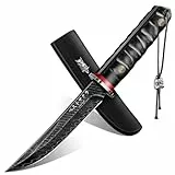 PURPLEBIRD Schwarzes Camping Messer aus Kohlenstoffstahl, Hohe Härte und Schärfe, Outdoor Messer mit Messerscheide aus Ebenholz für die Jagd, Wanderungen, Geschenk für Männer