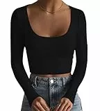 DUOEASE Crop Tops Damen Slim Fit Basic Shirt Langarm Damen Rundhals Gerippt Herbst Top Sexy Schwarz-M