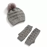 TSWRK Damen Beanie Hut Handschuhe Set Bommelmütze mit Strickhandschuhe