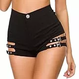 FYMNSI Damen Mini Shorts Sommer Kurze Hose Mode Hotpants Shorts Stretch Hosen Mittlere Taille Boyfriend Push Up Aushöhlen Sportleggins Unterhose Rave Tanz Lässige Gogo Clubwear Schwarz B XL